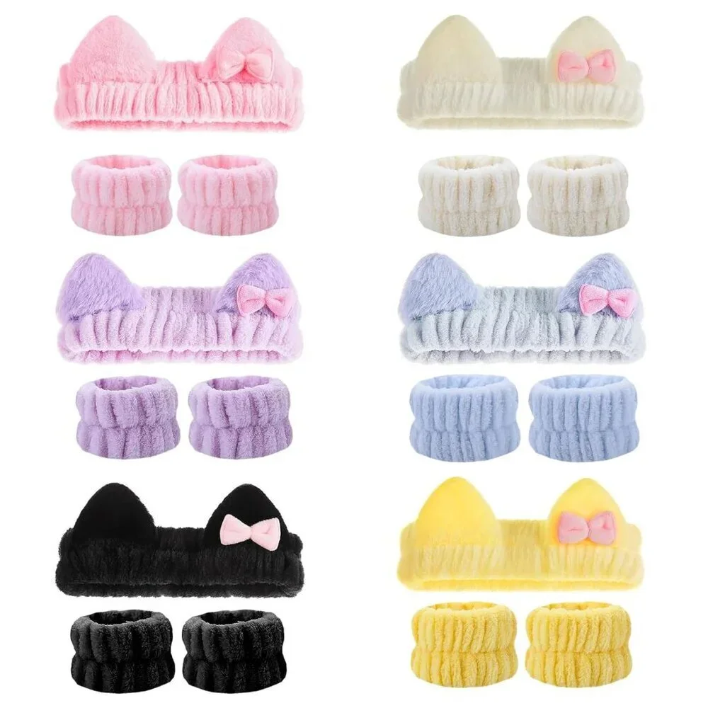 Spa Headband Wristband Set Cat Ear Coral Fleece Face Wash Makeup Gift